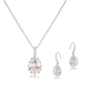 Büyük Damla Zirkon Küpe-Kolye Set Gümüş