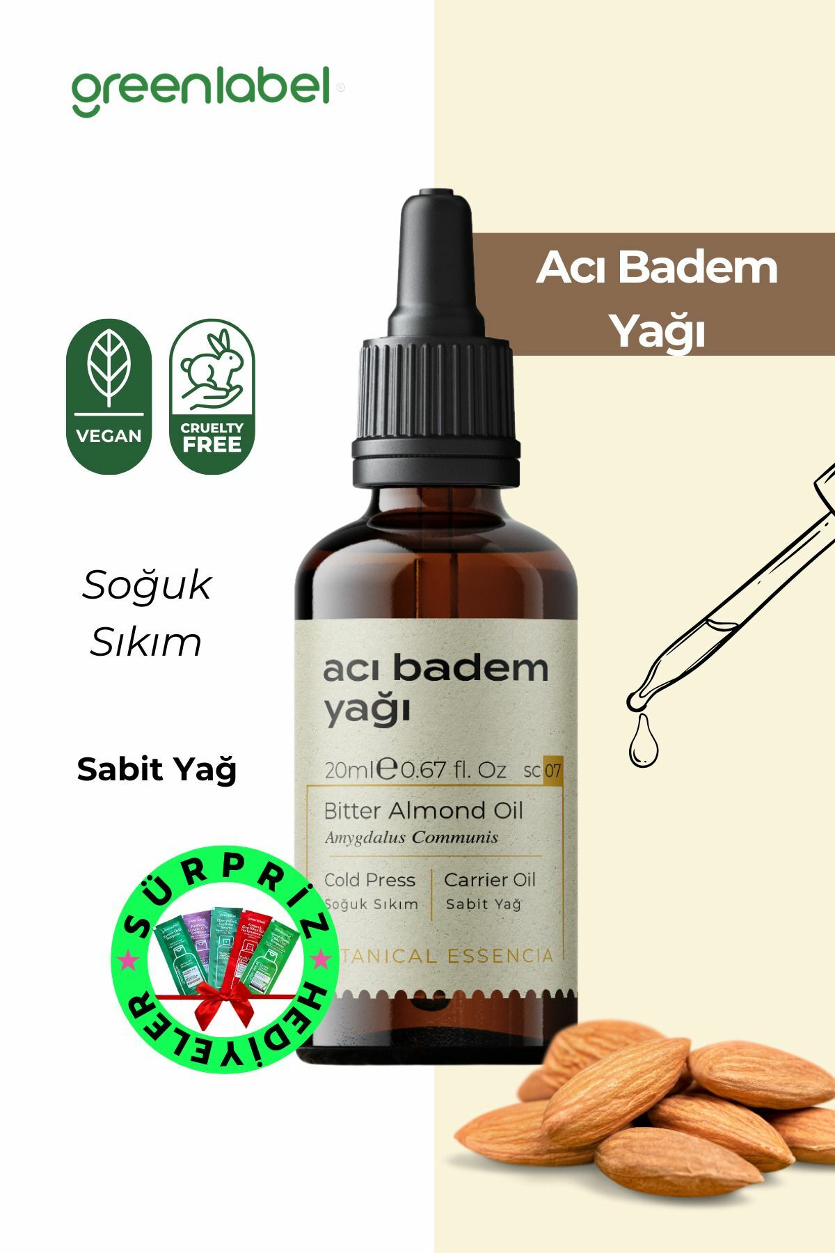 Greenlabel Acıbadem Yağı Soğuk Sıkım %100 Doğal ve Saf 20 ml
