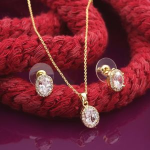 Oval Taş Zirkon Küpe-Kolye Set Gold