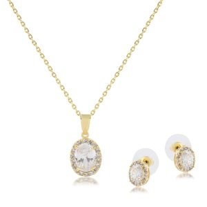 Oval Taş Zirkon Küpe-Kolye Set Gold