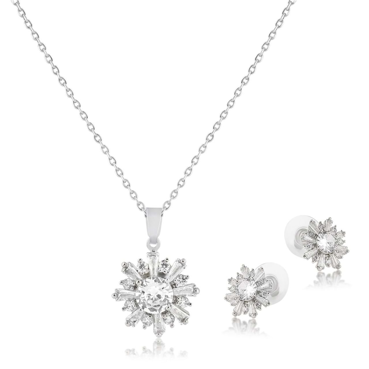 Papatya Figürlü Büyük Zirkon Küpe-Kolye Set Gümüş