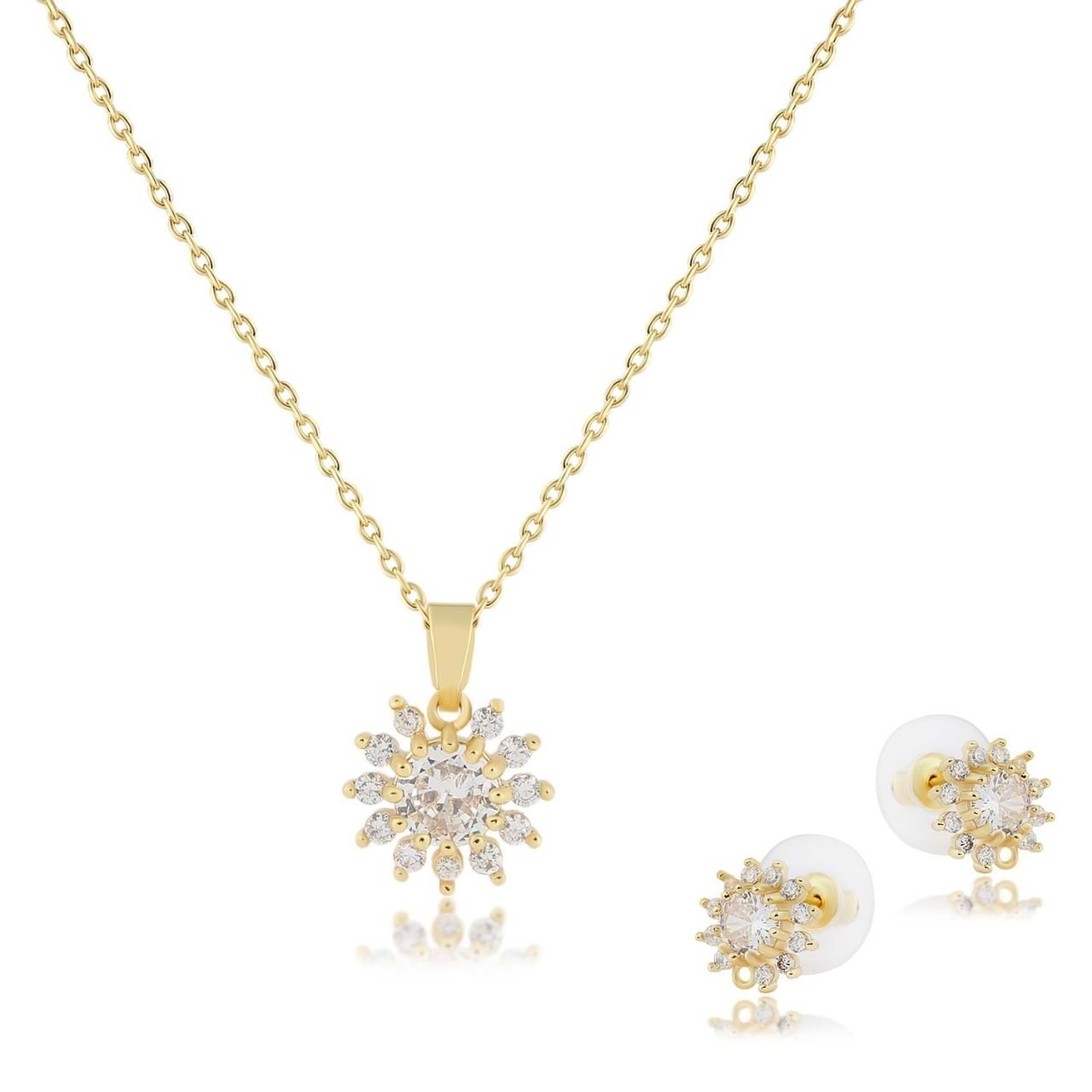 Güneş Figürlü Zirkon Küpe-Kolye Set Gold