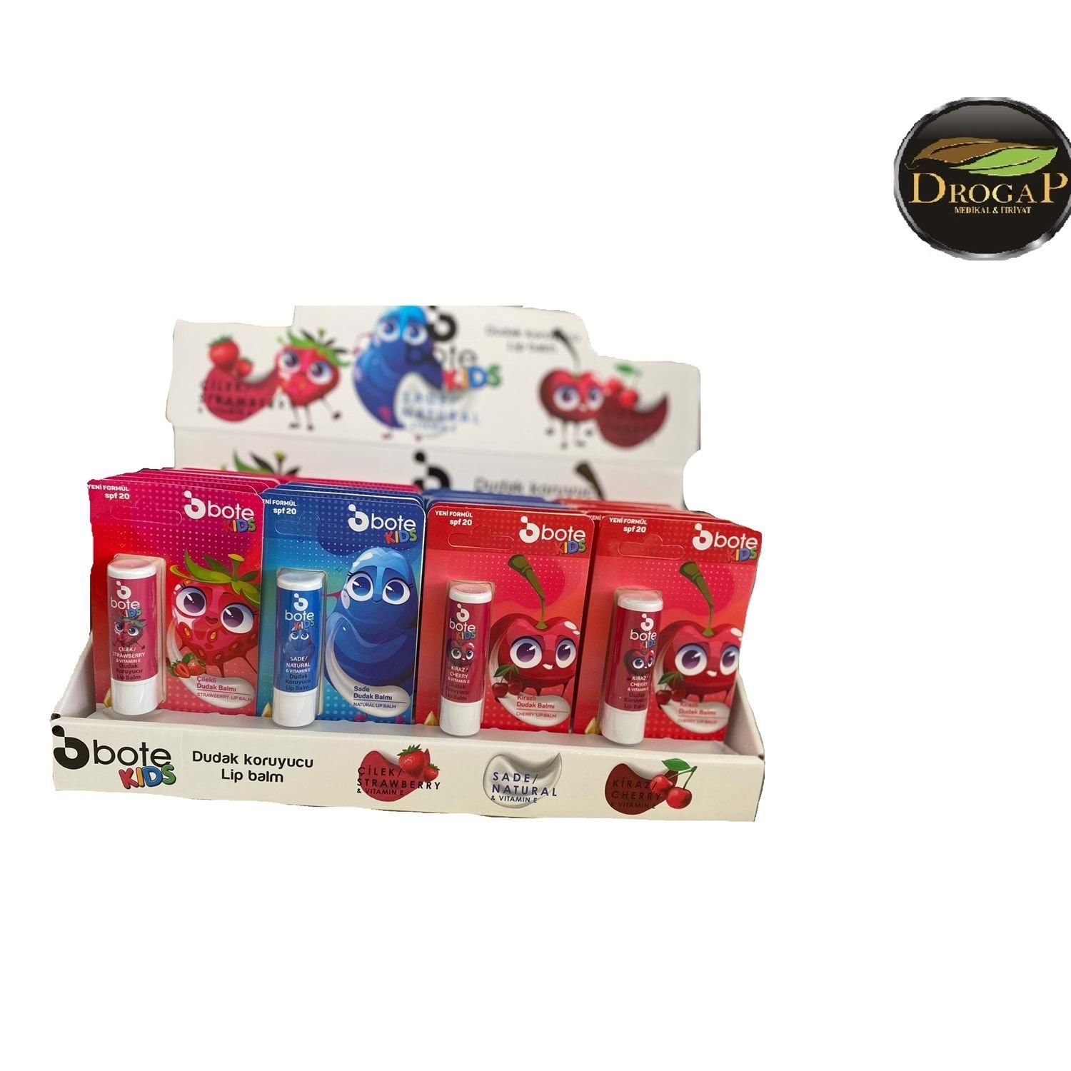 Bote Kids Lip Balm Stant 24'lü Çilek + Kiraz + Naturel
