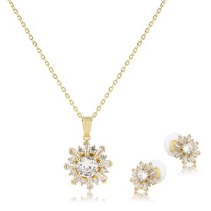 Papatya Figürlü Büyük Zirkon Küpe-Kolye Set Gold