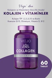 Viejo Kolajen ve Vitaminler Tip 1, 2, 3, 5, 10 ve Biotin Koenzim Q10 Glutatyon Vitamin D B12 60 Tablet