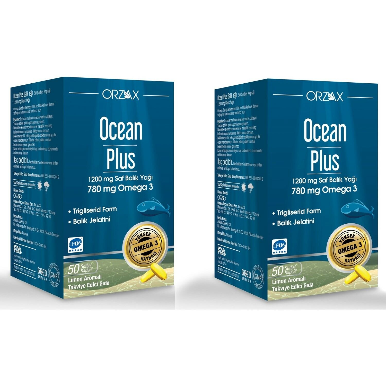 Ocean Plus Balık Yağı Limon Aromalı 1200 mg 50 Kapsül 2 Adet