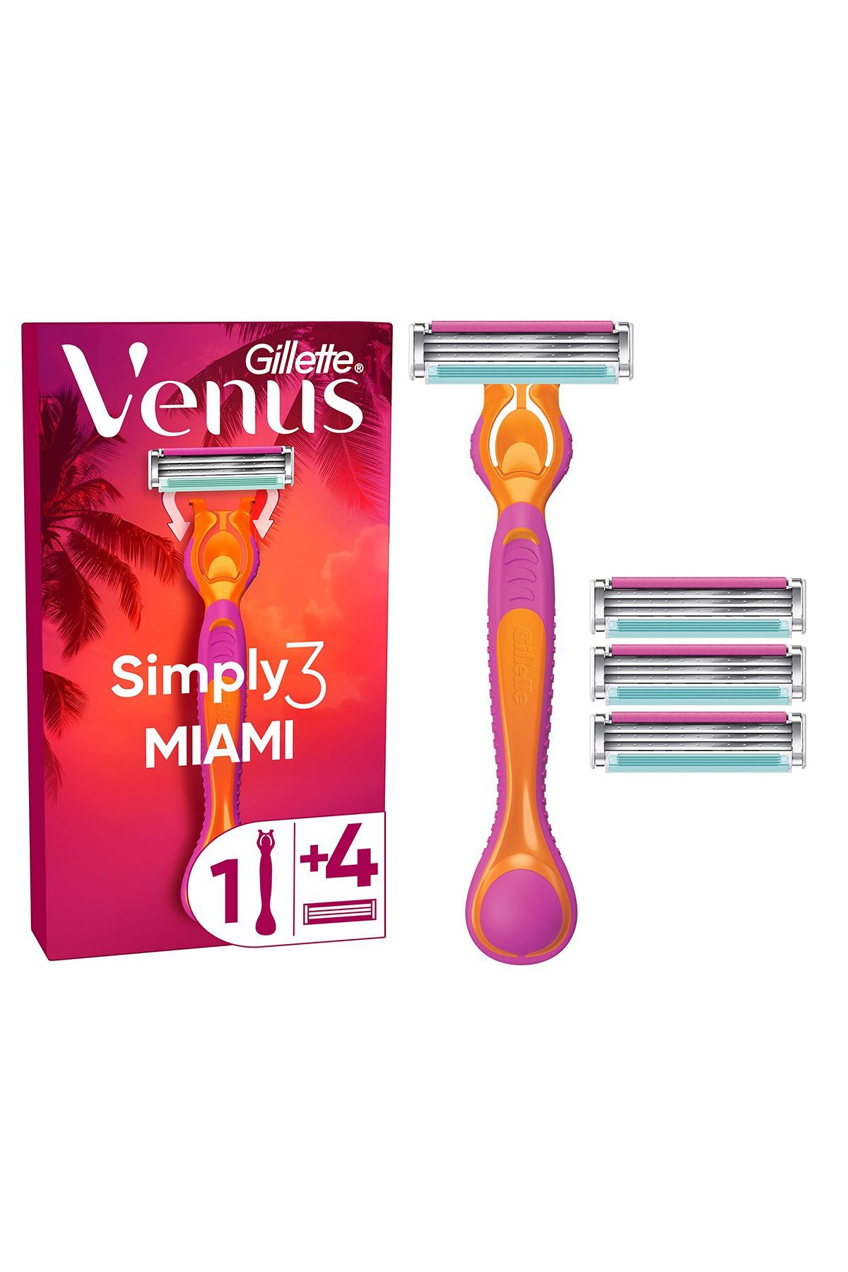 Gillette Simply Venus 3 Miami Tıraş Makinesi Gövdesi + 4 Bıçak