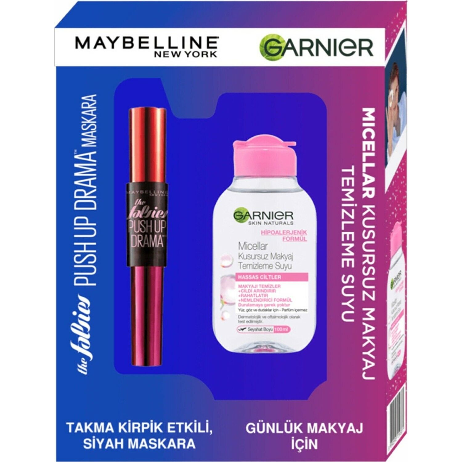 Maybelline Falsies Push Up Drama Yoğun Siyah Maskara + Garnier Micellar Water 100 ml