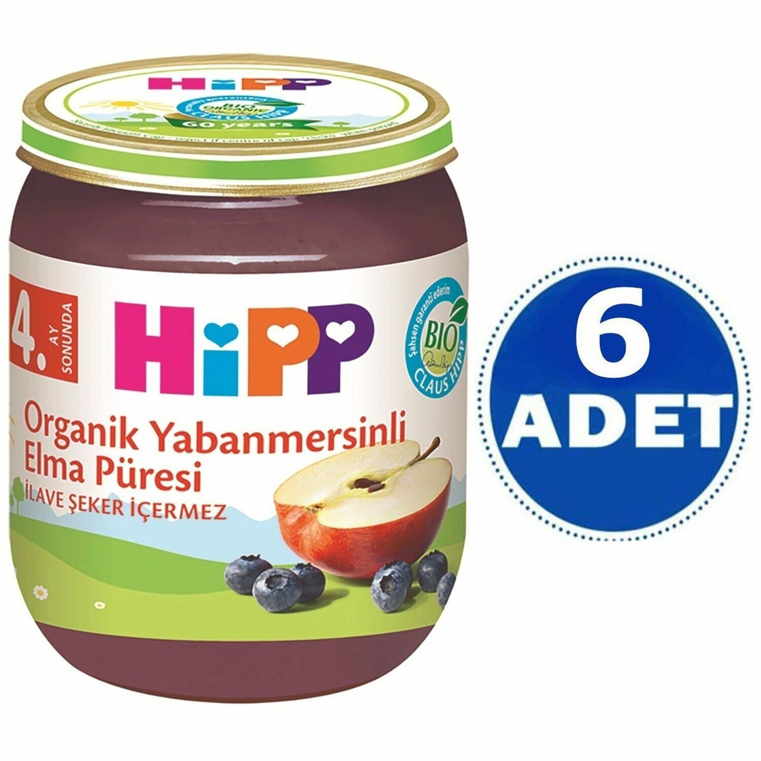 Hipp Kavanoz Maması Organik Yabanmersinli Elma Püresi 125 gr - 6 Adet