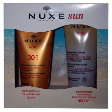 Nuxe Sun Güneş Koruyucu Yüz ve Vücut Sütü SPF30 150ml Kofre Güneş Sonrası Nemlendirici Şampuan Hediye
