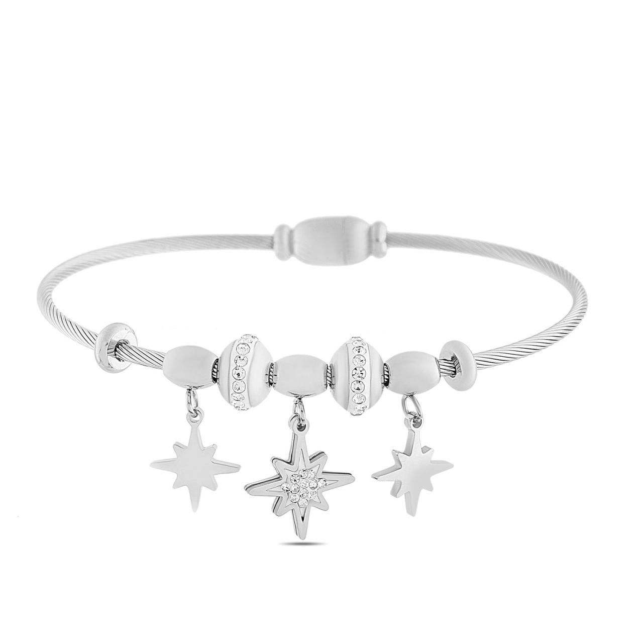 Kutup Yıldızı Figürlü Zirkon Taşlı Çelik Bileklik Gümüş