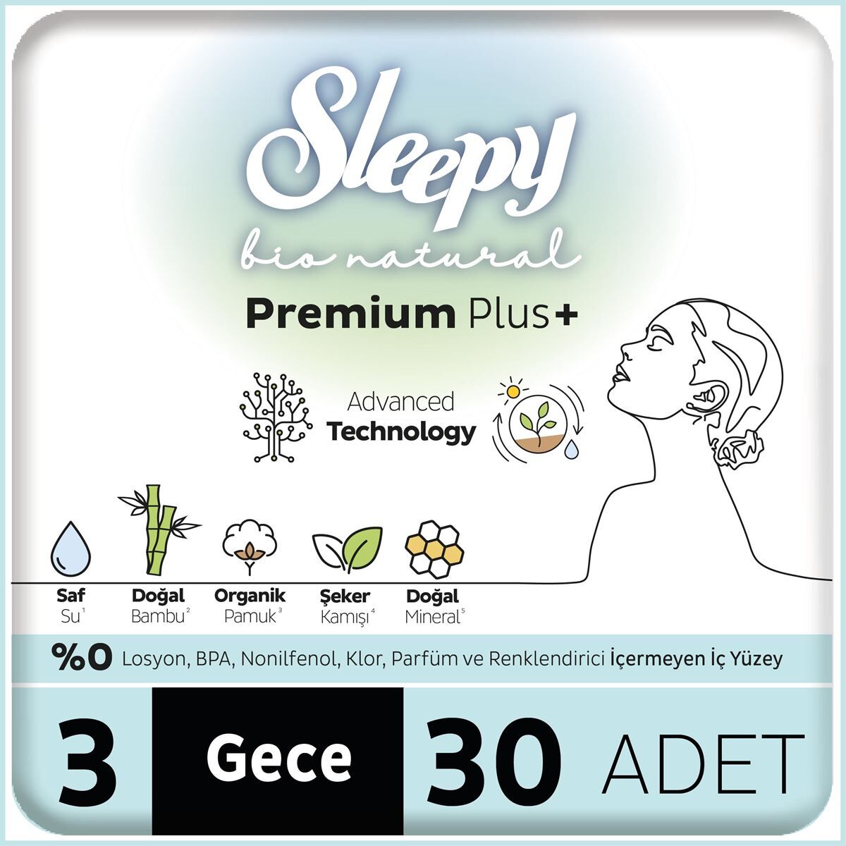 Sleepy Bio Natural Premium Plusijyenik Ped Gece 30 Adet