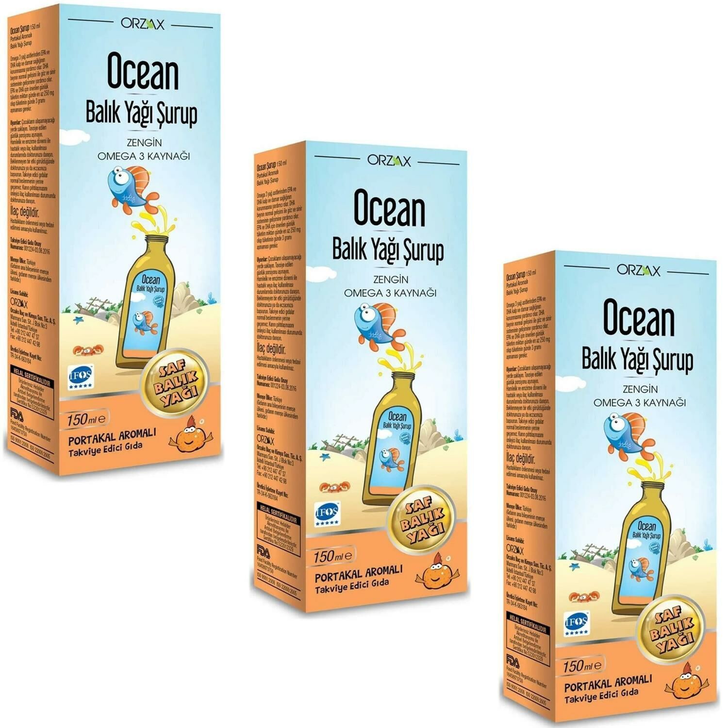 Ocean Omega 3 Portakal Aromalı Balık Yağı 150 ml 3 Adet