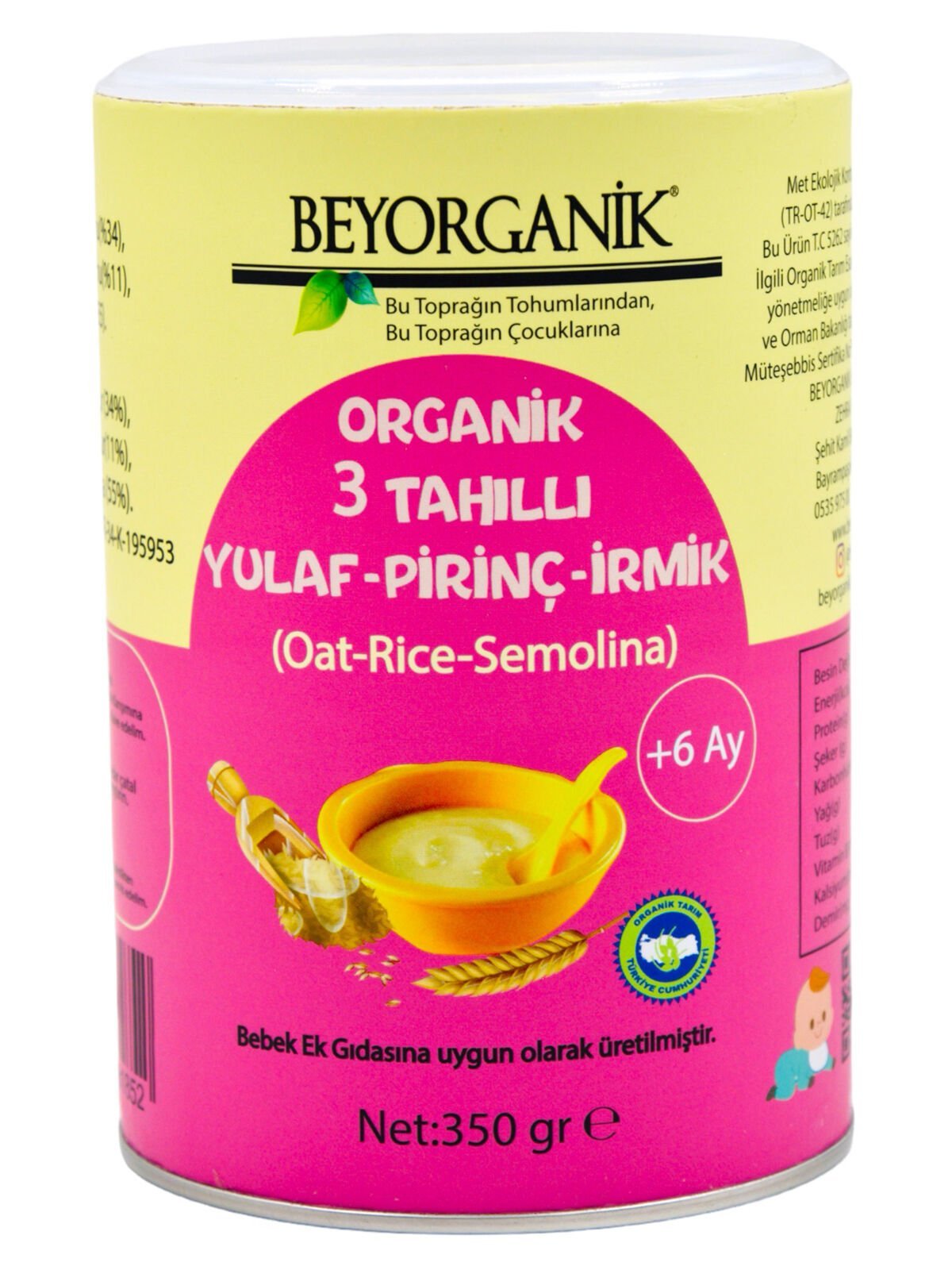 Beyorganik Bebek Ek Gıdası Organik 3 Tahıllı Yulaf Pirinç İrmik +6 Ay 250 gr