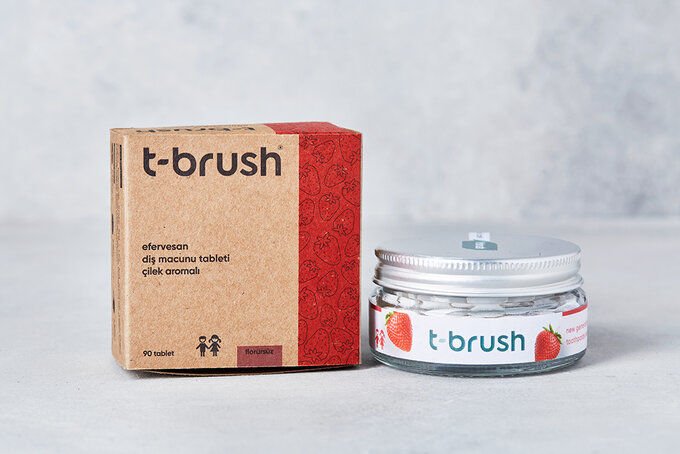 T-Brush Efervesan Diş Macunu Tableti 90 Adet Florürsüz Çilek Aromalı