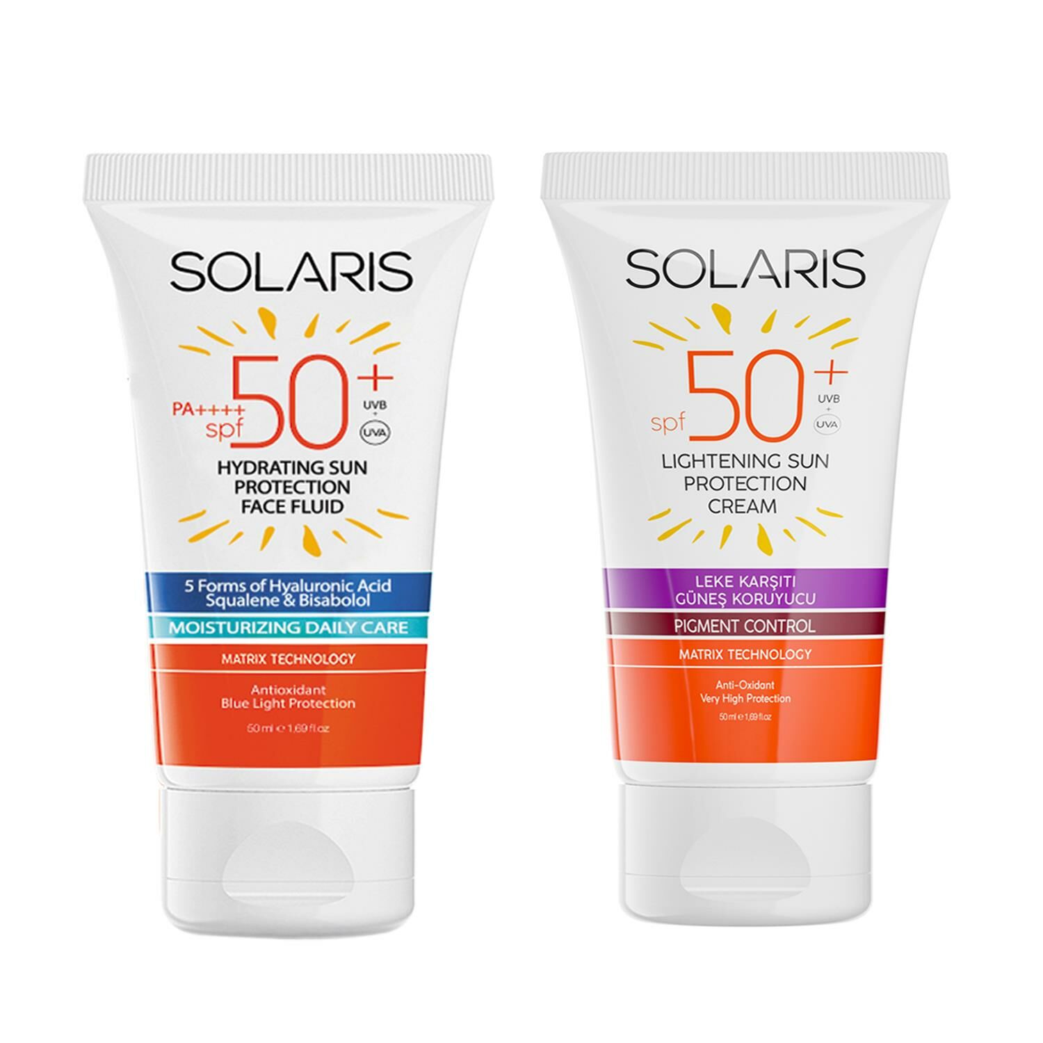 Solaris Tüm Cilt Tipleri İçin Güneş Kremi SPF50+ 50 ml + Leke Karşıtı Güneş Kremi SPF50+ 50 ml