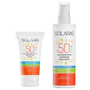 Solaris Tüm Cilt Tipleri İçin Güneş Kremi SPF50+ 50 ml + Güneş Koruyucu Krem Sprey SPF50+ 200 ml