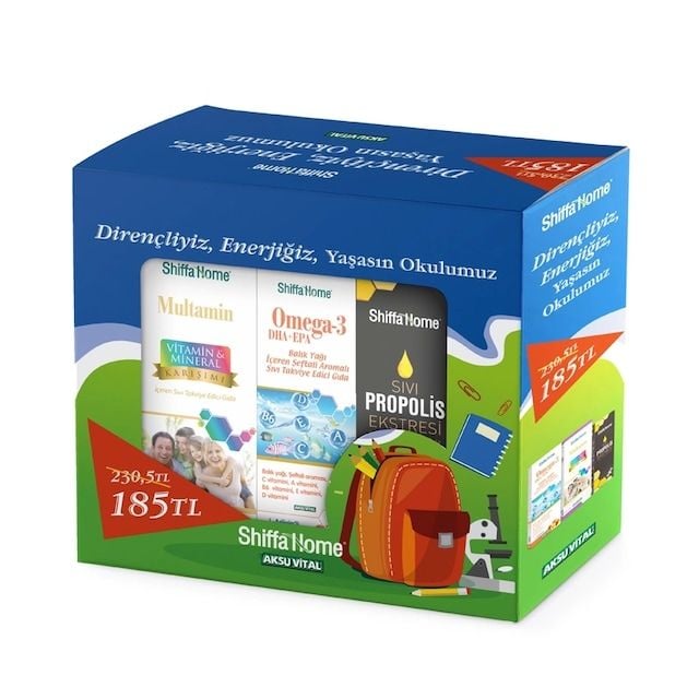 Shiffa Home Okula Dönüş Seti - Omega-3 Balık Yağı Şeftali Aromalı 100 ml + Multamin Vitamin & Mineral Karışımı 100 ml + Aksu Vital Propolis Sprey 20 ml