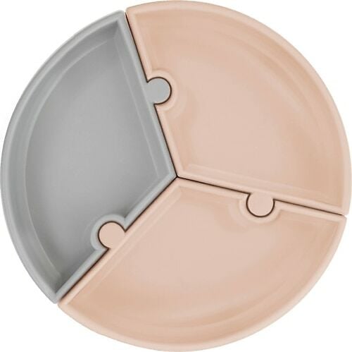 Oioi Puzzle Vakum Tabanlı Silikon Tabak - Gri & Pembe