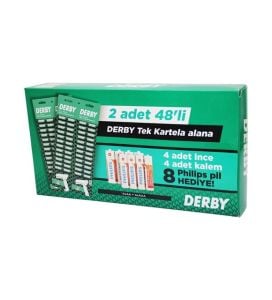 Derby Tek Bıçak Kartelalı Jilet 96 Parça + Philips 4 Kalem 4 İnce Pil Hediyeli