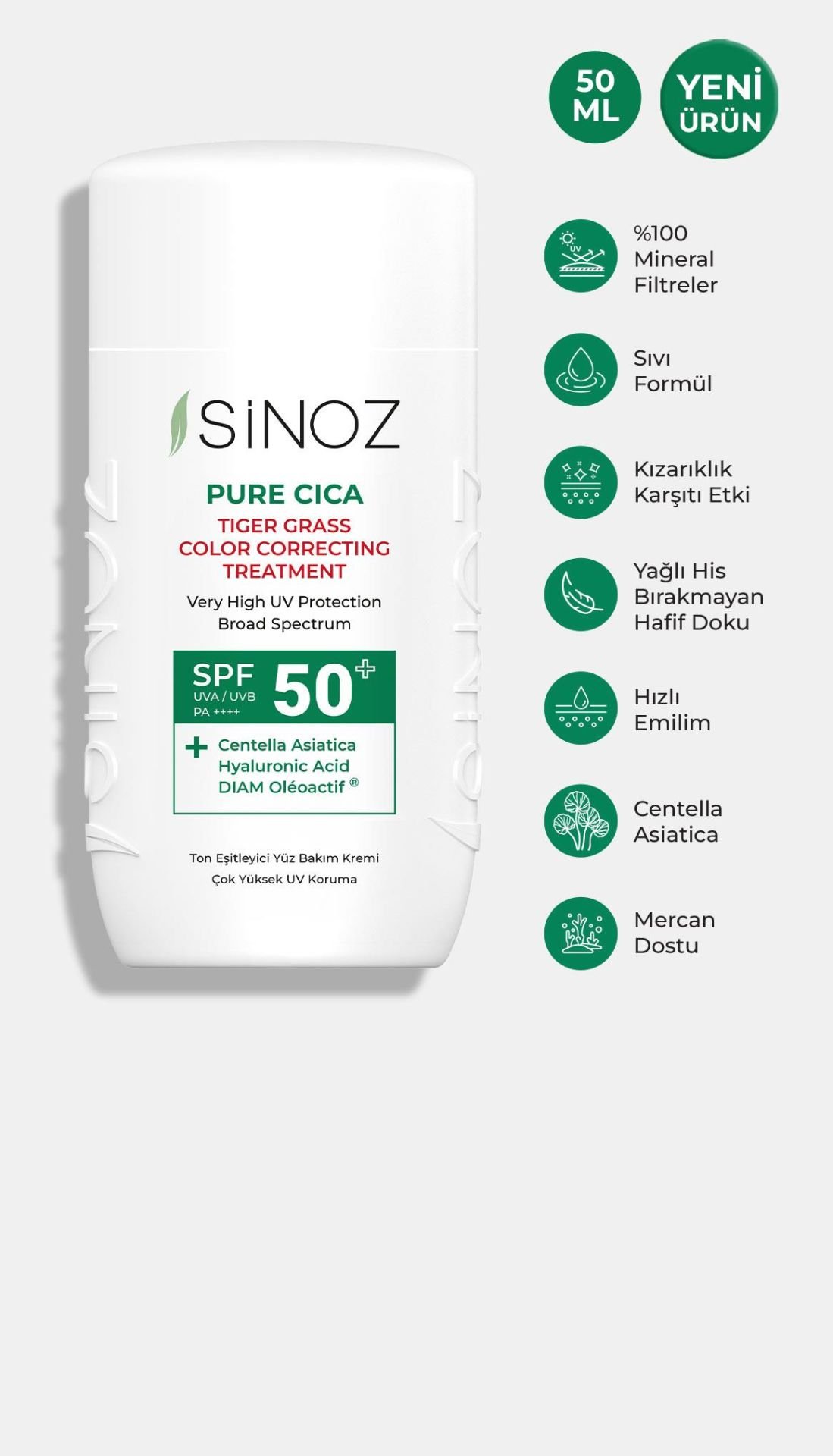 Sinoz SPF50+ Pure Cica Tiger Grass Anında Ton Eşitleyici Fluid Yüz Güneş Kremi Mineral Filtre 50ml