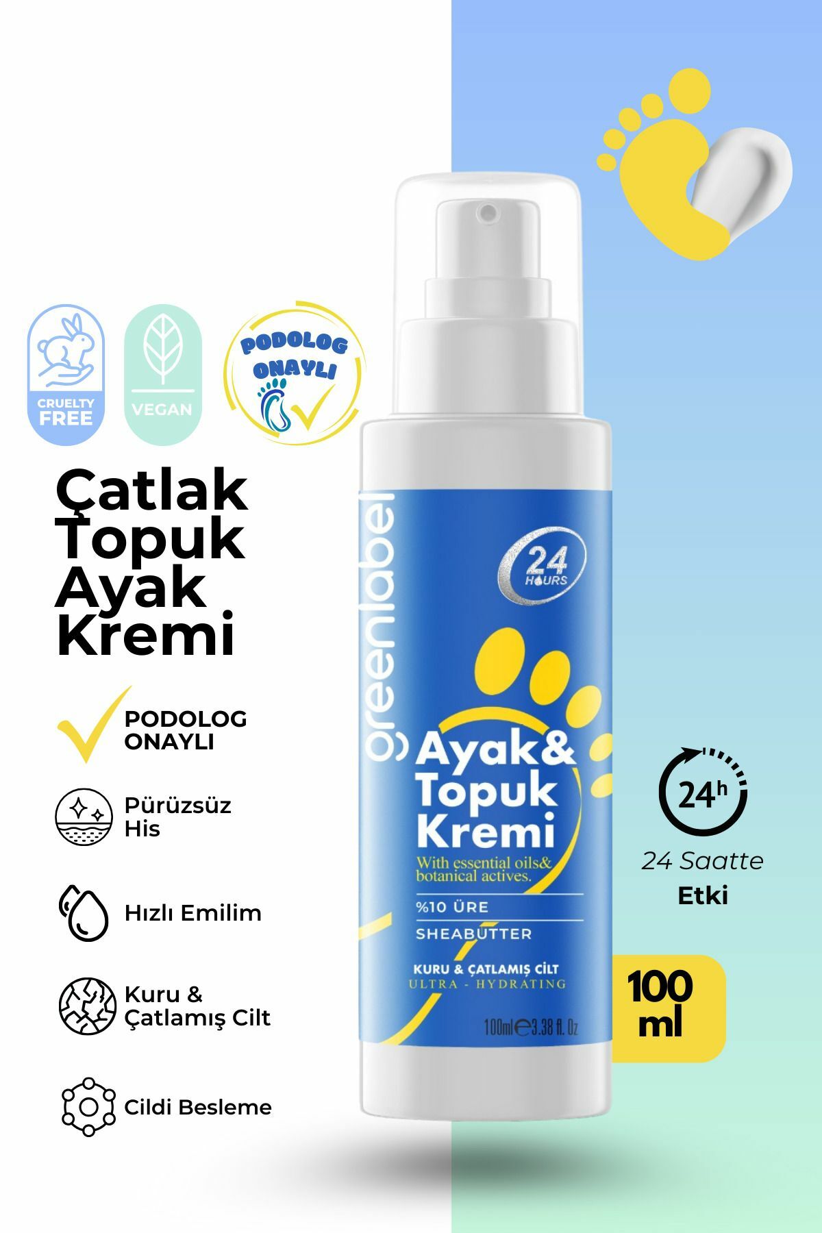 Greenlabel Ayak ve Topuk Çatlak Bakım Kremi %10 Üre Shea Butter İçeren Onarıcı Krem 100 ml