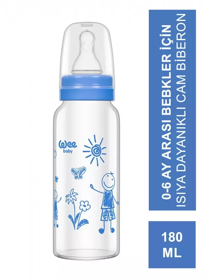 Wee Baby Isıya Dayanıklı Cam Biberon 0-6 Ay 180 ml - 771 - Mavi