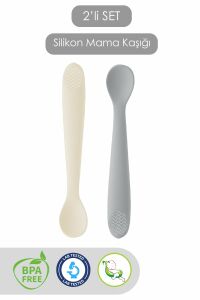 Meleni Baby Diş Kaşıyıcı Bebek Mama Kaşığı Silikon Mama Kaşığı 2'li - Bej Gri