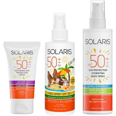 Solaris Güneş Kremi Leke Karşıtı SPF50+ 50 ml + Çocuk Güneş Kremi Sprey SPF50+ 150 ml + Yetişkin Güneş Koruyucu Krem Sprey SPF50+ 200 ml