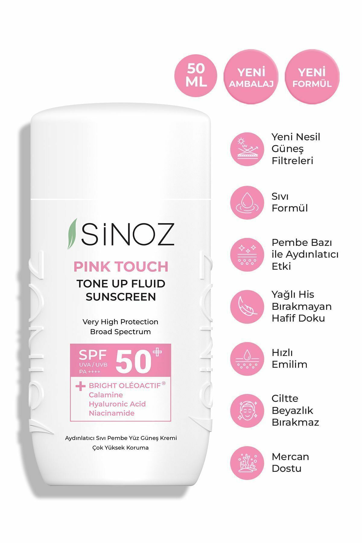 Sinoz Pink Touch Aydınlatıcı Sıvı Yüz Güneş Kremi Yeni Nesil Güneş Filtreleri Hibrit Formül SPF50 50 ml