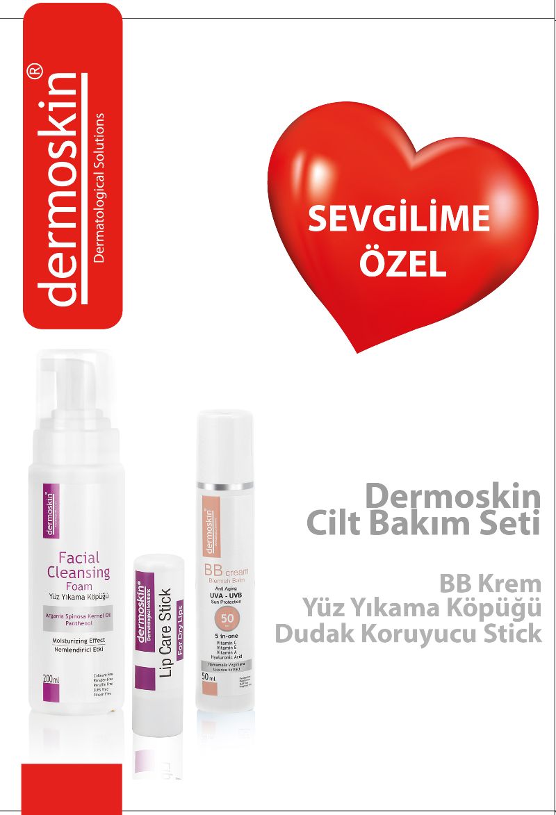 Dermoskin Sevgililer Günü Cilt Bakım Seti BB Krem Yüz Yıkama Köpüğü Dudak Koruyucu Stick