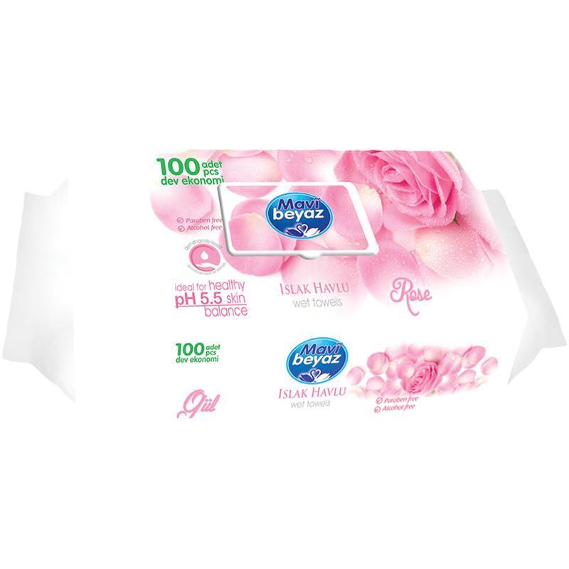 Mavi Beyaz Islak Mendil Güllü 100'lü