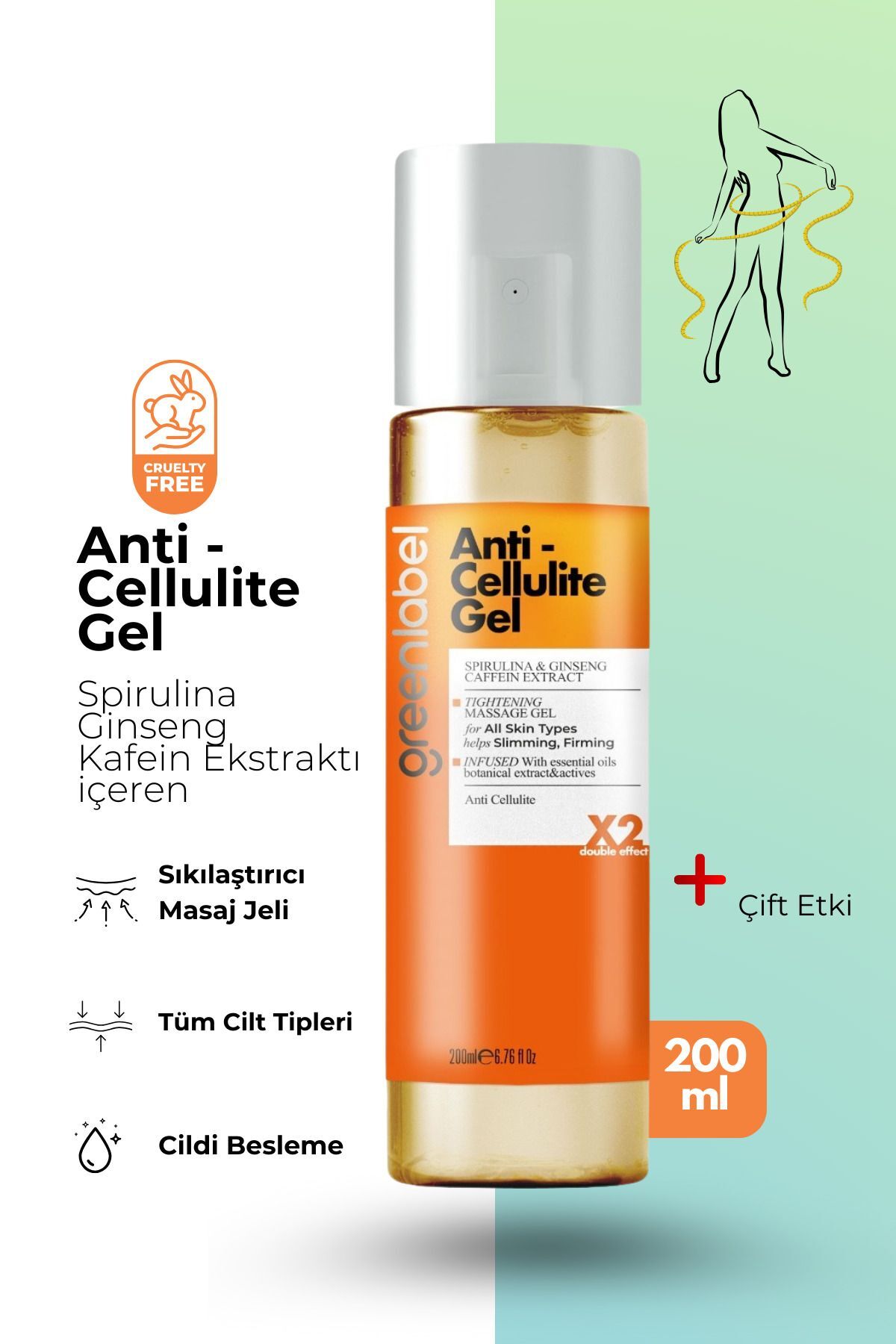 Greenlabel Anti Cellulite Gel Spirulina Ginseng ve Kafein Ekstraktlı Sıkılaştırıcı Vücut Jeli 200 ml