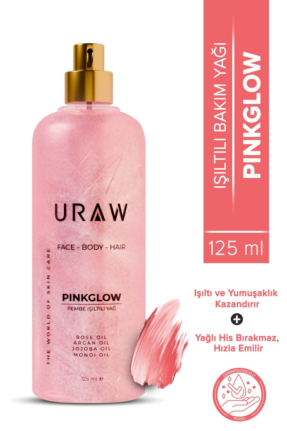 Uraw Pink Glow Pembe Işıltılı Yağ Yüz Vücut ve Saç İçin Çok Amaçlı Bakım Yağı 125 ml