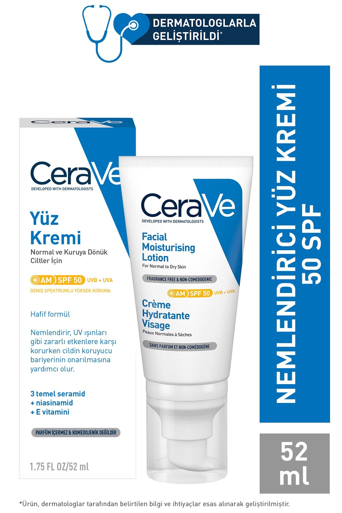 Cerave Güneş Korumalı Nemlendirici Yüz Kremi SPF50+ 52 ml + Foam Clean 20 ml