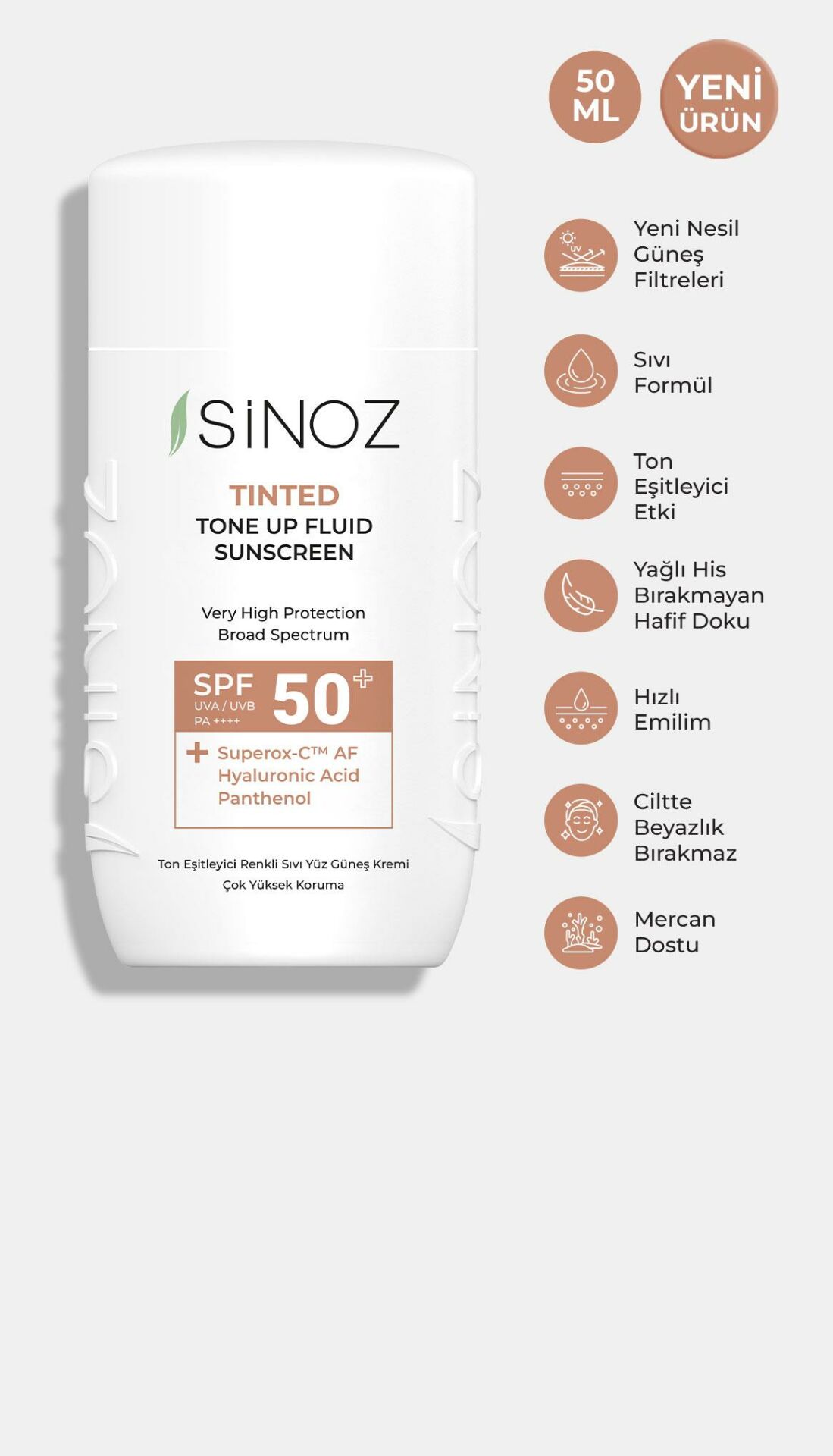 Sinoz Tinted Sıvı Yüz Güneş Kremi Yeni Nesil Güneş Filtreleri İle Hibrit Formül SPF50 50 ml