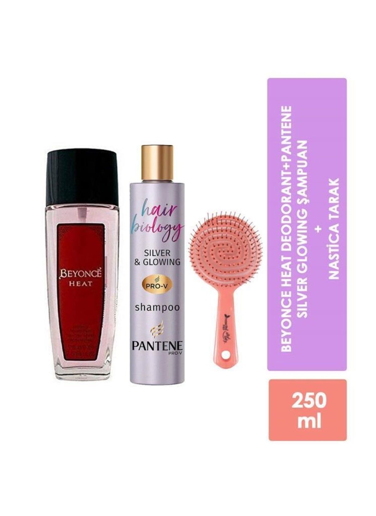 Beyonce Heat Deodorant 75 ml + Pantene Hair Biology Silver Purple Shampoo 250 ml + Nastica Turuncu Saç Fırçası