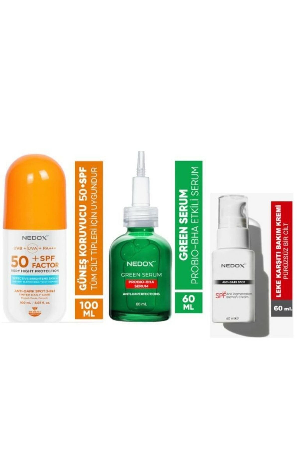 Nedox Leke Karşıtı Nemlendirici Güneş Krem SPF50 100 ml + Leke Karşıtı Green Serum 60 ml + Cilt Beyazlatıcı Leke Kremi 60 ml