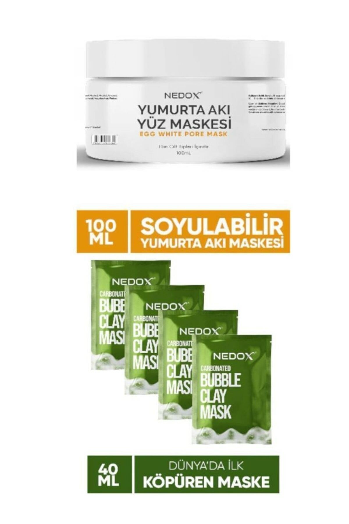 Nedox Soyulabilir Yumurta Akı Maskesi 100 ml + Cilt Temizleyici ve Arındırıcı Karbonatlı Köpüren Kil Maskesi 4'lü 10 ml
