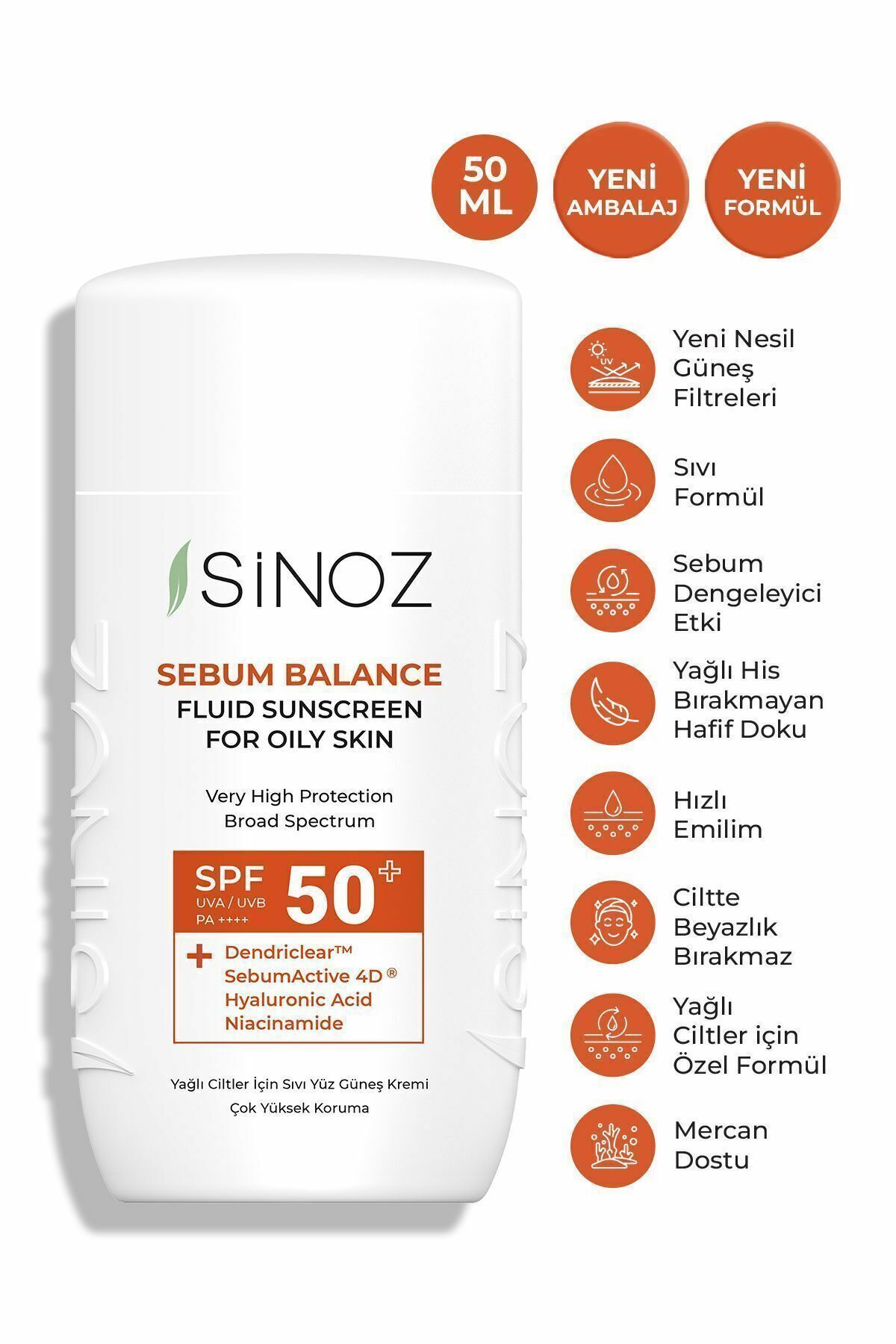 Sinoz Yağlı Ciltlere Özel Sıvı Yüz Güneş Kremi Yeni Nesil Güneş Filtreleri Hibrit Formül SPF50 50 ml
