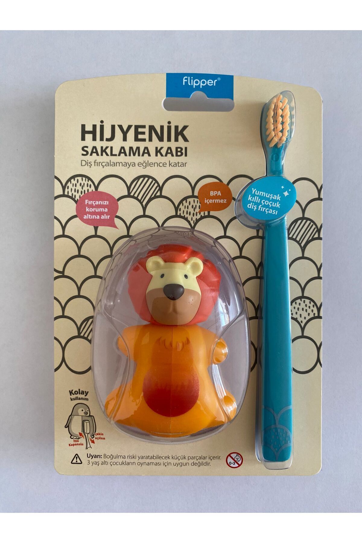 Flipper Animals Hijyenik Saklama Kabı + Çocuk Diş Fırçası Seti - Aslan