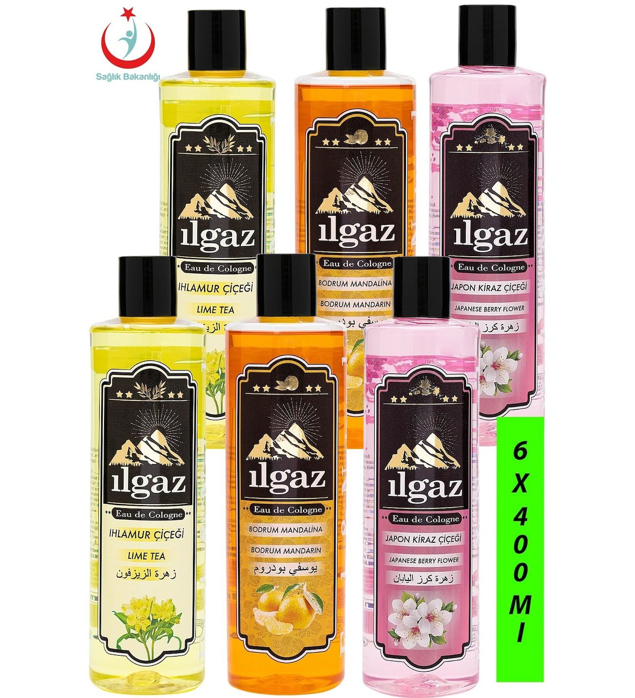 Ilgaz Elit Kolonya Seti 6x400 ml - 2 Ihlamur Kolonyası + 2 Mandalina Kolonyası + 2 Japon Kirazı Kolonyası