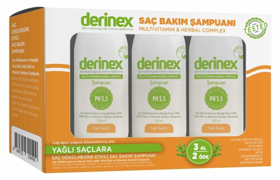 Derinex Saç Bakım Şampuanı Yağlı Saçlar 250 ml 3 Al 2 Öde