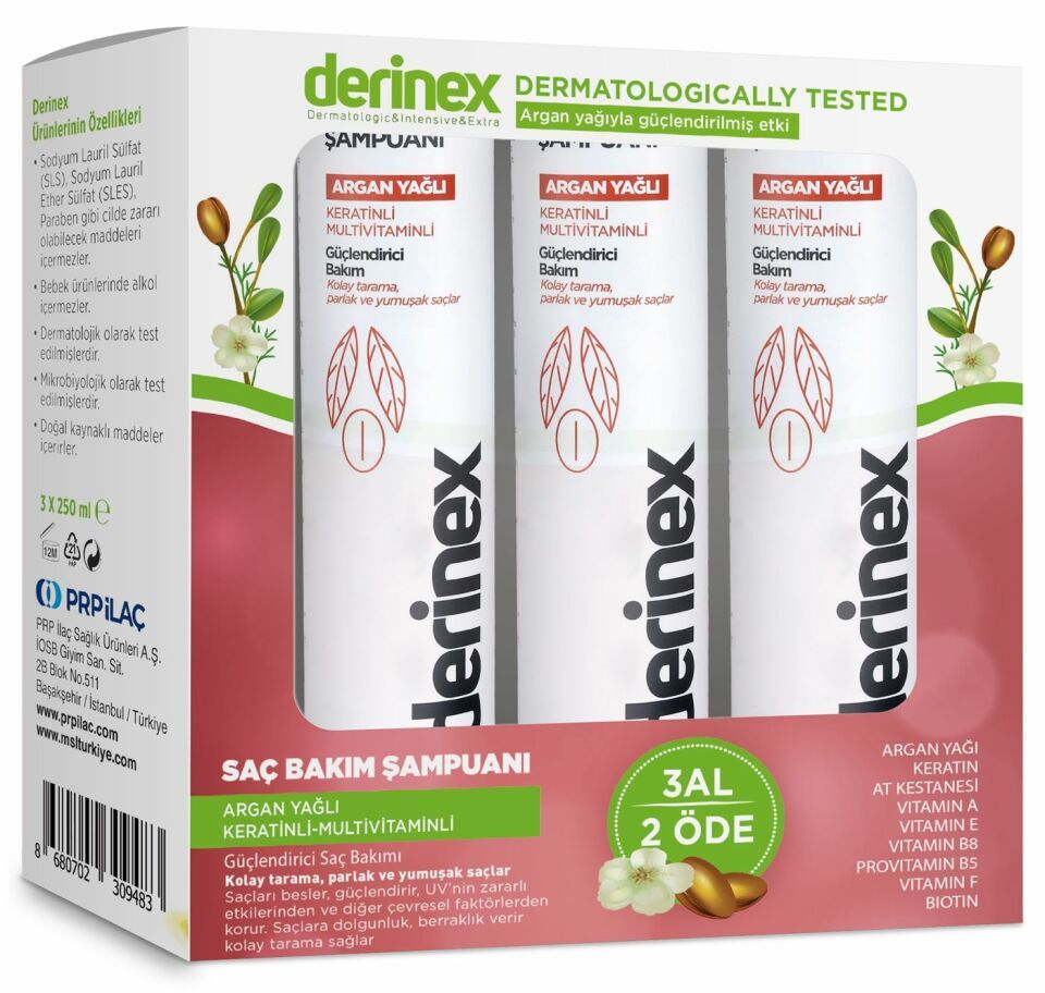 Derinex Saç Bakım Şampuanı Argan Yağlı 250 ml 3 Al 2 Öde