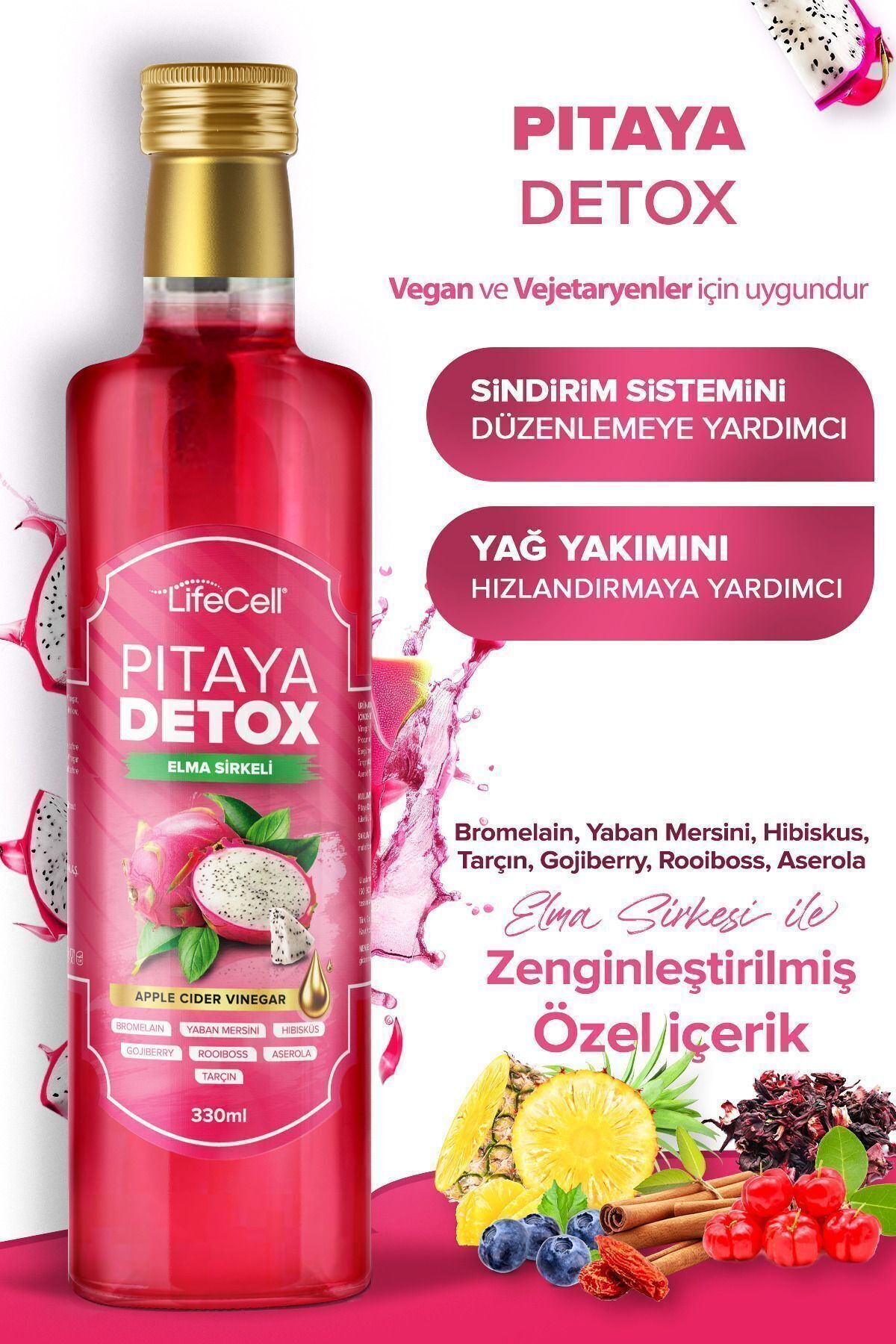 Lifecell Pitaya Detox Elma Sirkeli Doğal Fermantasyon 330 ml