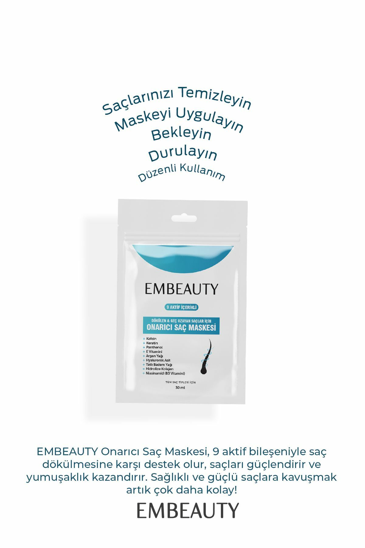 Embeauty 9 Aktifli Aşırı Yıpranmış ve Dökülen Saçlar İçin Hızlı Saç Uzatan Besleyici Onarıcı Saç Maskesi 30 ml