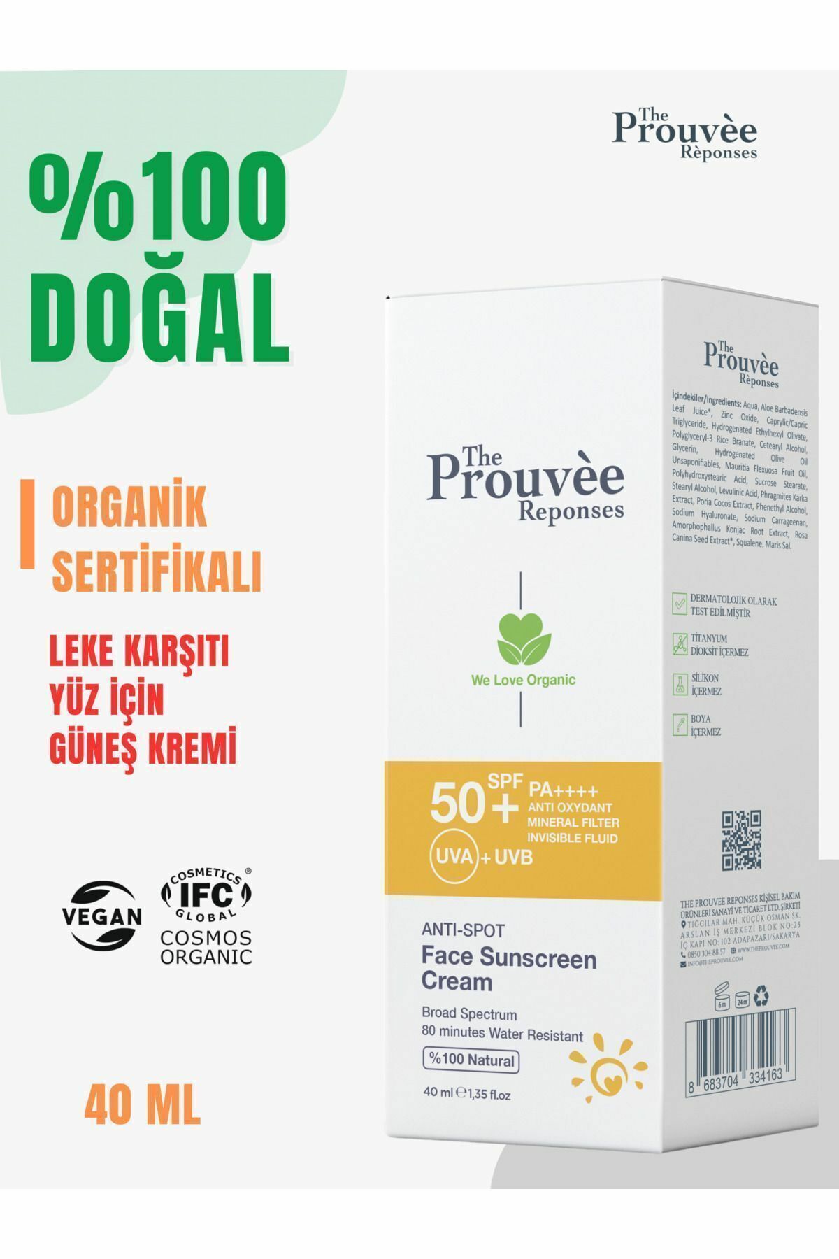 The Prouvée Réponses %100 Doğal Leke Karşıtı Yüz Güneş Kremi  40 ml