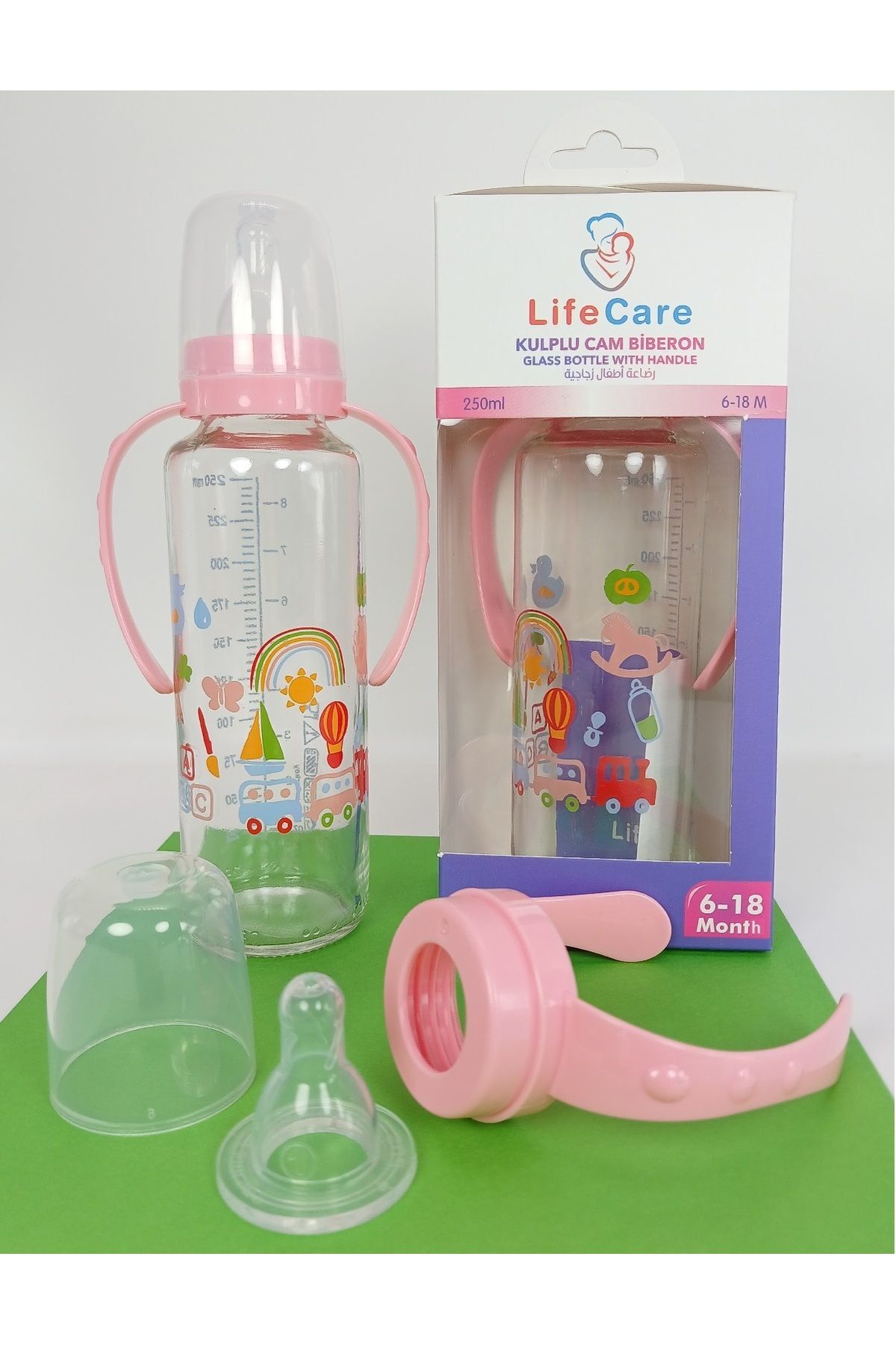 Life Care Kulplu Cam Biberon 250 ml Pembe