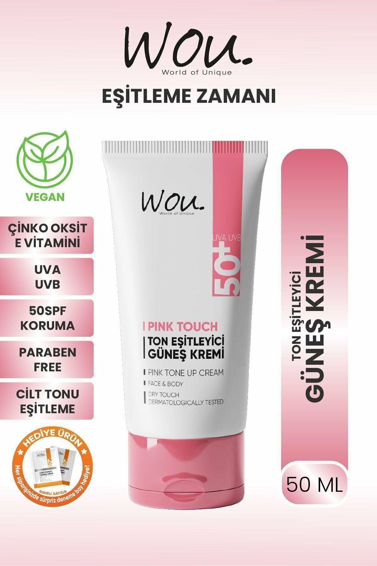 Wou World Of Unique Pink Touch Ton Eşitleyici ve Aydınlatıcı Yüksek Koruma Etkili Tüm Ciltler SPF50+ Güneş Kremi 50 ml