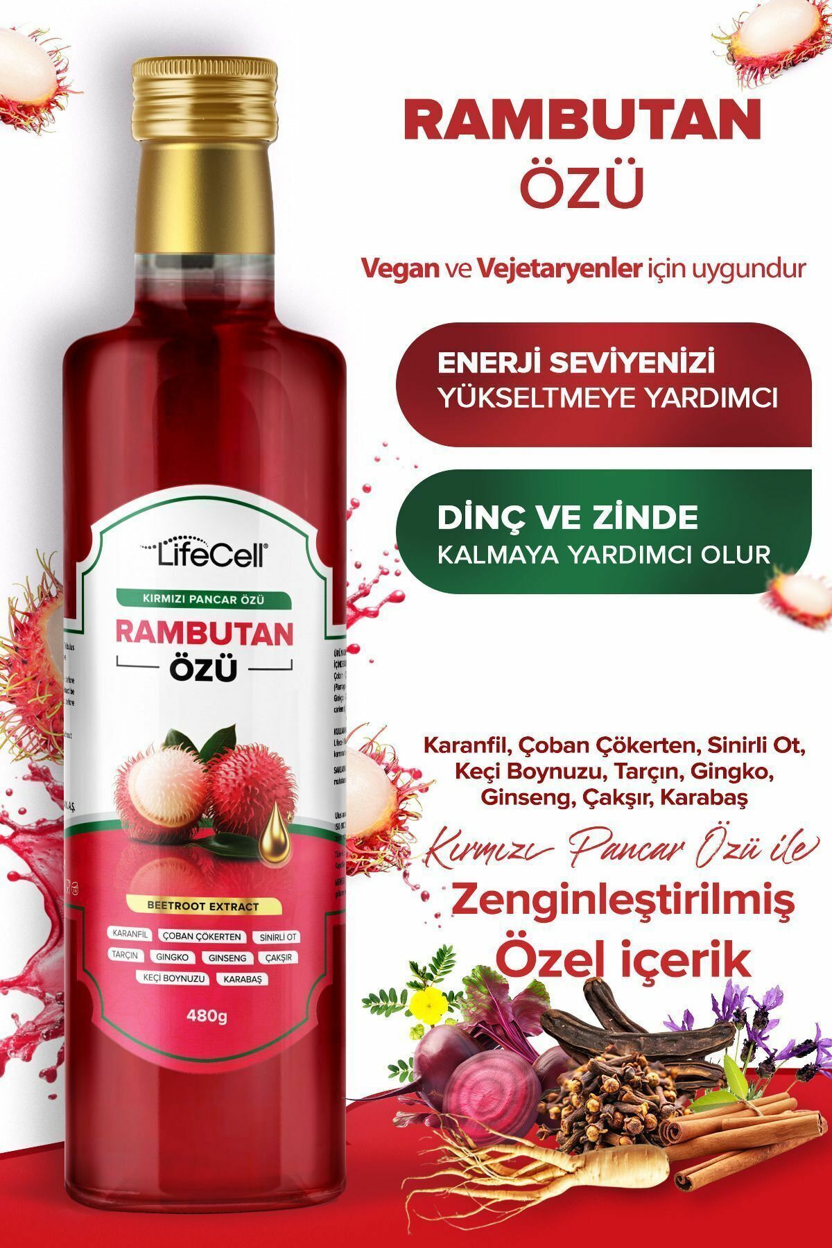 Lifecell Rambutan Özü Kırmızı Pancar Özü 480 gr